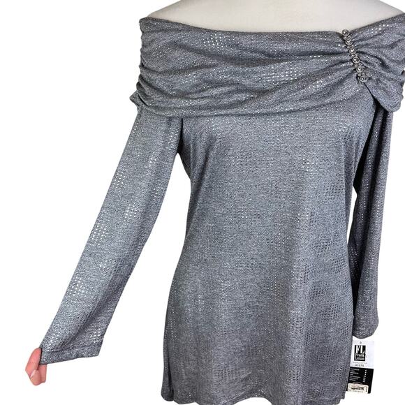 Frank Lyman NWT Dark Gray Silver Metallic Off the Shoulder Ruched Jewel Top - Picture 4 of 12